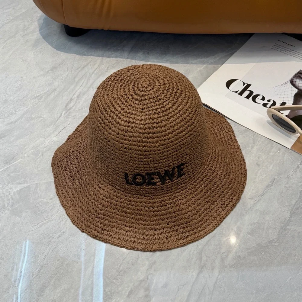 LOEWE Brown Raffia Bucket Hat Leather Anagram Logo Straw Ibiza Summer Coffee Tan - Picture 4 of 8